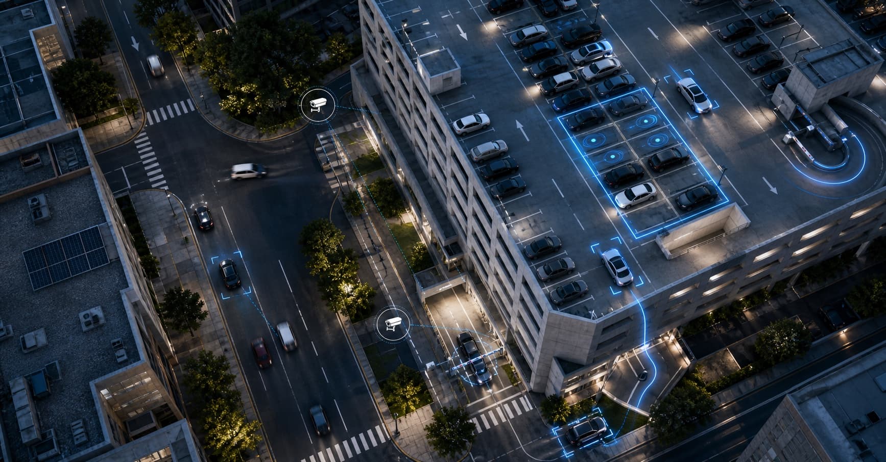 Aerial view of smart parking infrastructure with connected parking lanes